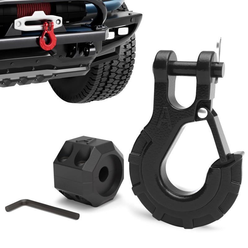 AMBULL 3/8" Winch Hook & Winch Cable Hook Stopper Sets, Heavy Duty Grade 70 Forged Steel Recovery Hook with Safety Latch, Included Allen Wrench,Max 37,478 Lbs, Black - Image 1